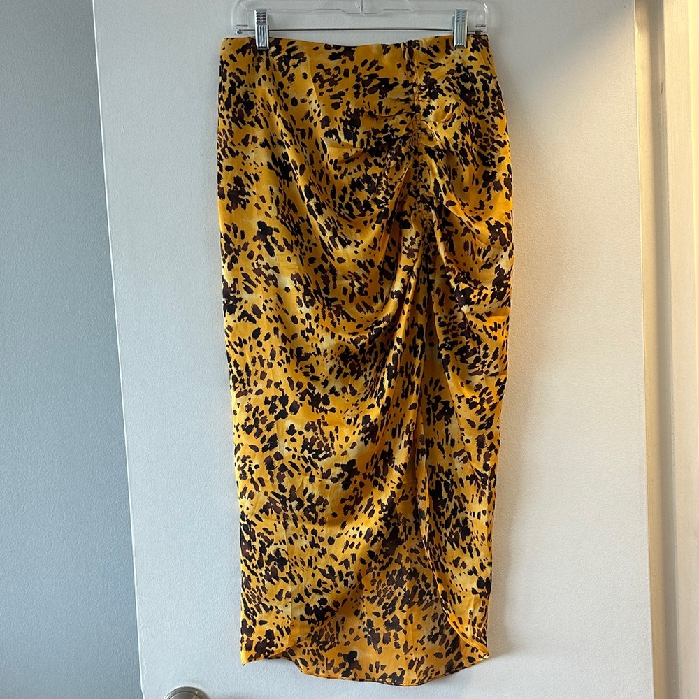 Ruched Midi Tortoiseshell Yellow Leopard Print Skirt BuddyLove Marie Size L NWT